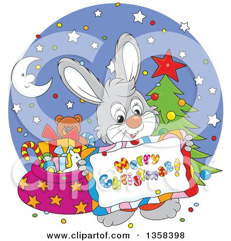 Clipart of a Cartoon Gray Bunny Rabbit Holding a Merry Christmas Sign over a Circle with a Tree and Santas Sack - Royalty Free Vector Illustration by Alex Bannykh