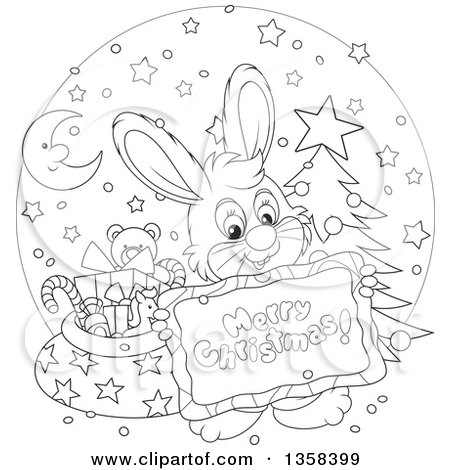 Clipart of a Cartoon Black and White Bunny Rabbit Holding a Merry Christmas Sign over a Circle with a Tree and Santas Sack - Royalty Free Vector Illustration by Alex Bannykh