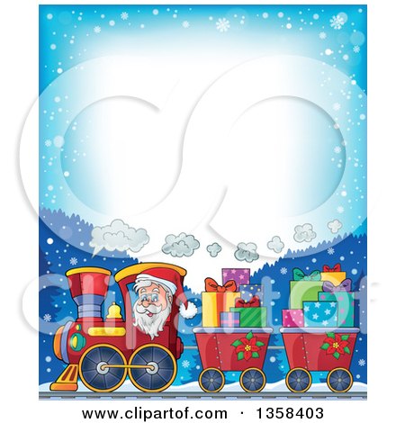 Clipart of a Cartoon Christmas Santa Claus Driving a Train Full of Gifts over Snowy Mountains with Bright Text Space - Royalty Free Vector Illustration by visekart