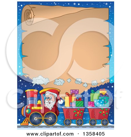 Clipart of a Cartoon Christmas Santa Claus Driving a Train Full of Gifts over Mountains with a Parchment Scroll - Royalty Free Vector Illustration by visekart