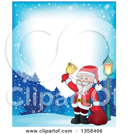 Clipart of a Cartoon Christmas Santa Claus Ringing a Bell Border over Snowy Mountains - Royalty Free Vector Illustration by visekart