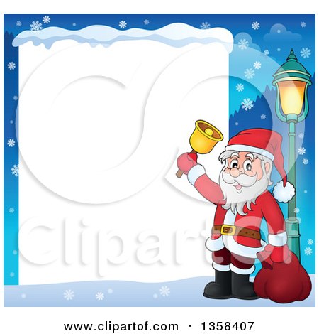 Clipart of a Cartoon Christmas Santa Claus Ringing a Bell Border over Snow and a Blank White Sign - Royalty Free Vector Illustration by visekart