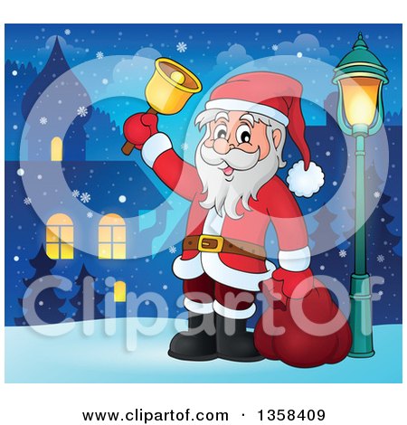 Clipart of a Cartoon Christmas Santa Claus Ringing a Bell in a Village at Night - Royalty Free Vector Illustration by visekart