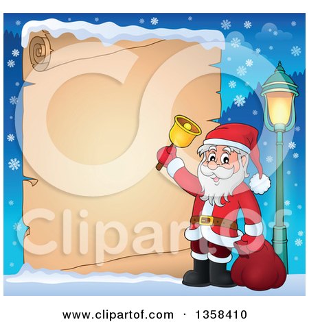Clipart of a Cartoon Christmas Santa Claus Ringing a Bell Border over Snow and a Parchment Scroll Page - Royalty Free Vector Illustration by visekart