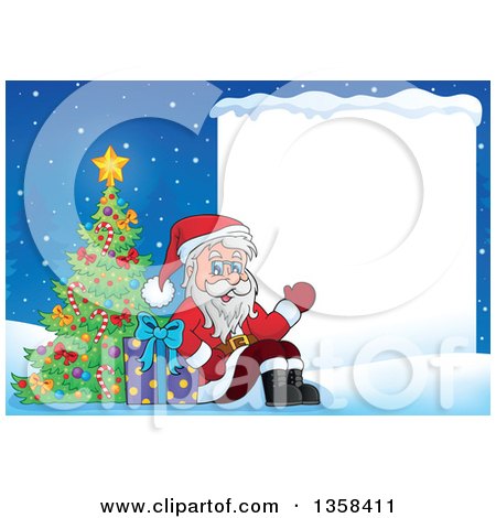 Clipart of a Cartoon Christmas Santa Claus Sitting by a Tree and Gift, Presenting a Blank Sign in the Snow - Royalty Free Vector Illustration by visekart