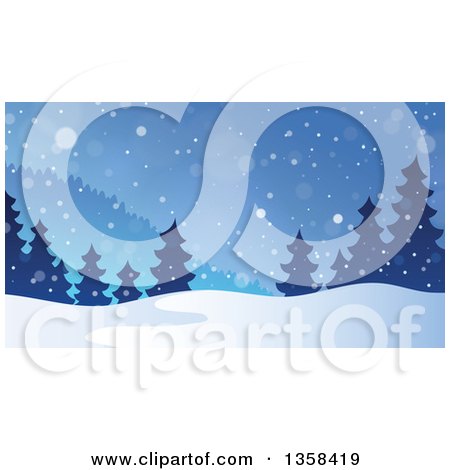 Clipart of a Snowy Winter Night Background with Silhouetted Evergreen Trees and Mountains - Royalty Free Vector Illustration by visekart