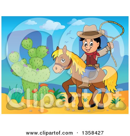 Clipart of a Cartoon Cowboy Swinging a Lasso on Horseback in a Desert - Royalty Free Vector Illustration by visekart