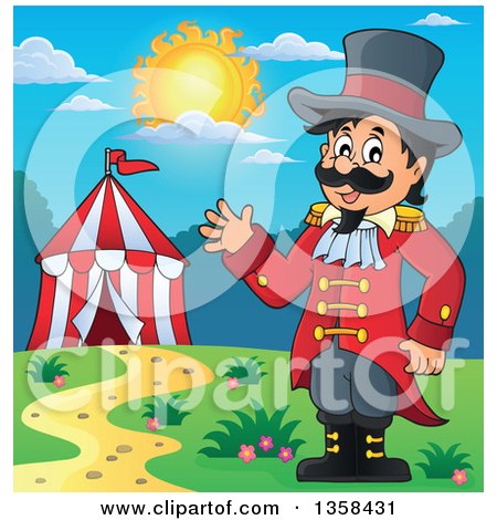 Clipart of a Cartoon Circus Ringmaster Man Waving near a Big Top Tent on a Sunny Day - Royalty Free Vector Illustration by visekart