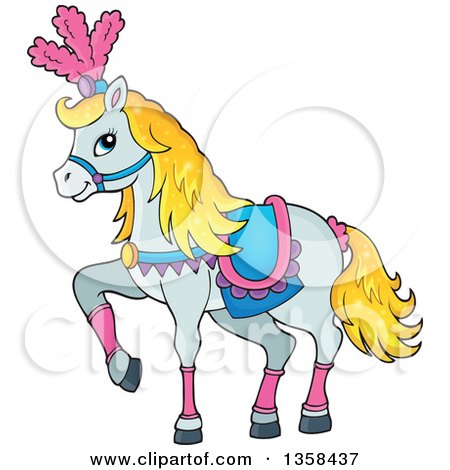 Clipart of a Cartoon Fancy White Circus Horse Prancing - Royalty Free Vector Illustration by visekart