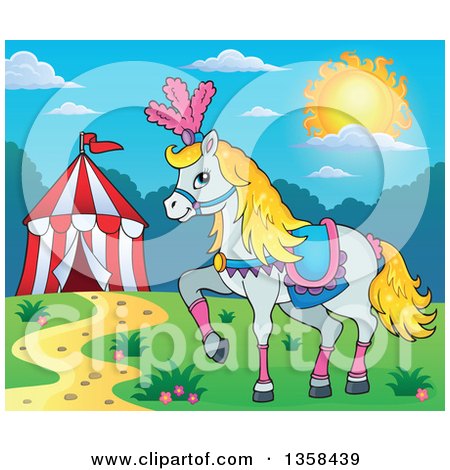 Clipart of a Cartoon Fancy White Circus Horse Prancing by a Big Top Tent on a Sunny Day - Royalty Free Vector Illustration by visekart
