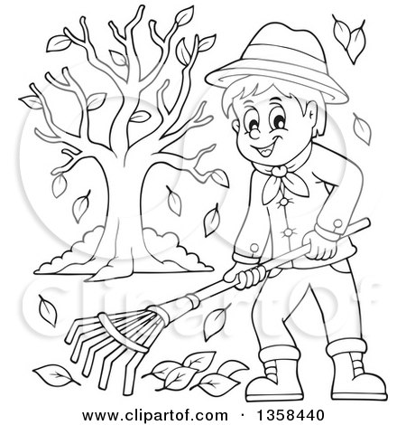 Cartoon Black and White Happy Man Raking Autumn Leaves in a Yard Posters,  Art Prints by - Interior Wall Decor #1358440