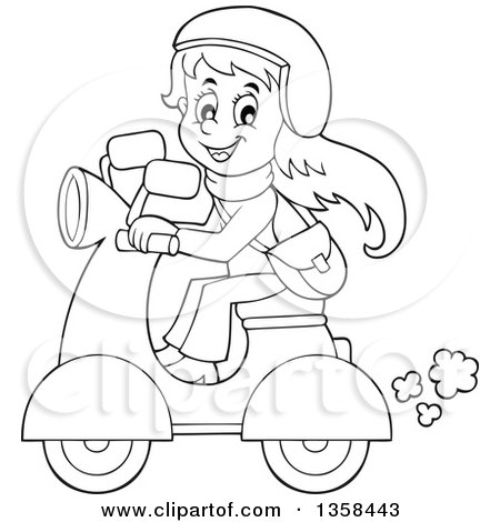 Clipart of a Cartoon Black and White Happy Girl Riding a Scooter - Royalty Free Vector Illustration by visekart