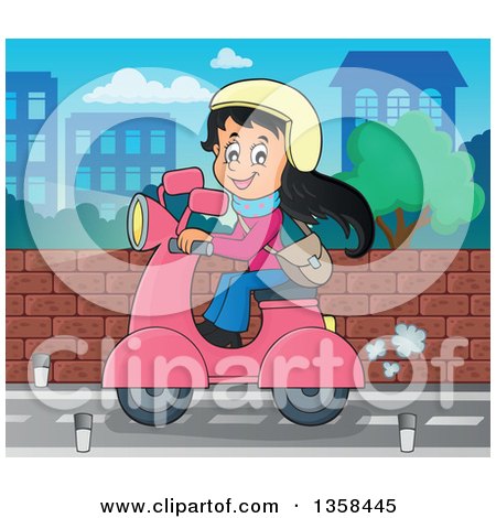 Clipart of a Cartoon Happy Girl Riding a Pink Scooter on a City Street - Royalty Free Vector Illustration by visekart