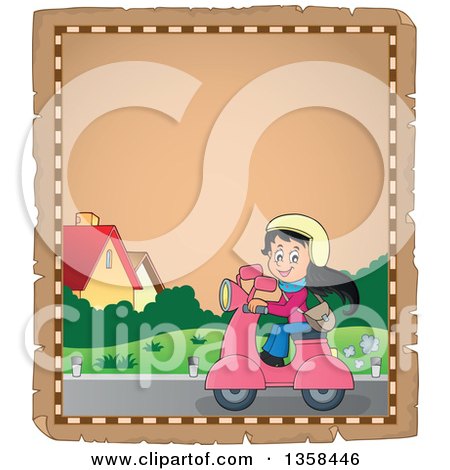 Clipart of a Parchment Page of a Cartoon Happy Girl Riding a Pink Scooter - Royalty Free Vector Illustration by visekart
