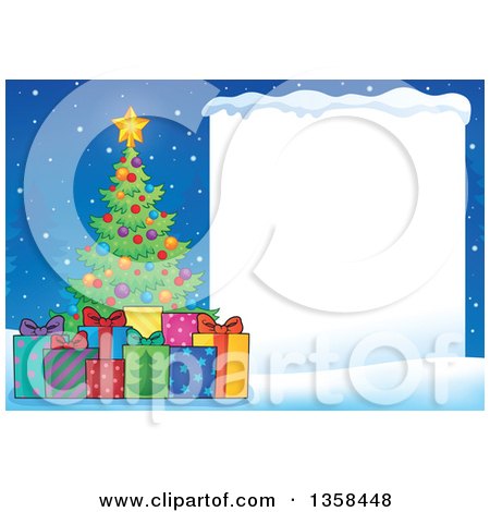 Clipart of a Christmas Tree with Gifts Next to a Blank Sign with Snow - Royalty Free Vector Illustration by visekart