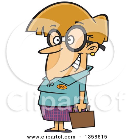 Clipart of a Cartoon Nerdy Dirty Blond White Woman with Big Glasses, Holding a Briefcase - Royalty Free Vector Illustration by toonaday