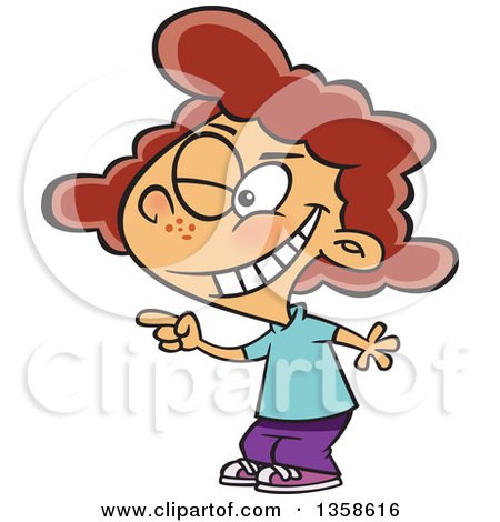 Clipart of a Cartoon Red Haired White Girl Winking and Pointing to Beware - Royalty Free Vector Illustration by toonaday