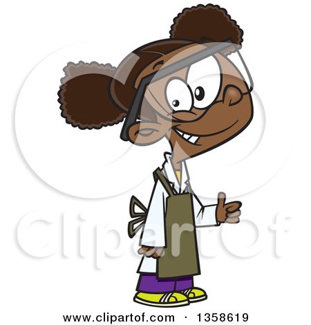 Clipart of a Cartoon Happy Black School Girl Wearing a Science Lab Coat, Apron and Goggles and Giving a Thumb up - Royalty Free Vector Illustration by toonaday