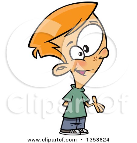 Clipart of a Cartoon Red Haired White Boy Presenting or Giving Someone Else a Turn - Royalty Free Vector Illustration by toonaday
