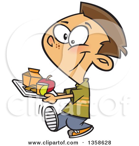 Clipart of a Cartoon Happy Brunette White School Boy Carrying a Cafeteria Lunch Tray - Royalty Free Vector Illustration by toonaday