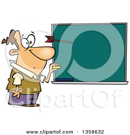 Clipart of a Cartoon Surprised White Male Teacher Paused in Mid Motion of Writing on a Chalkboard As a Protesting Student Throws a Dart at His Head - Royalty Free Vector Illustration by toonaday
