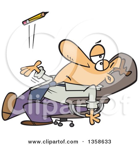 Clipart of a Cartoon Bored White Executive Businessman Leaning Back in His Chair and Tossing a Pencil - Royalty Free Vector Illustration by toonaday