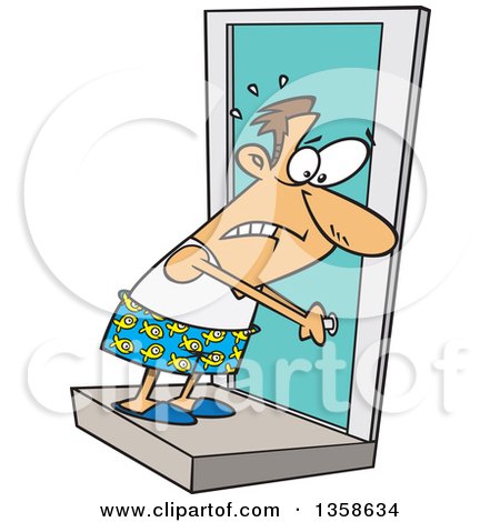 Clipart of a Cartoon White Man in His Underware, Locked out of His House - Royalty Free Vector Illustration by toonaday