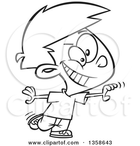 Lineart Clipart of a Cartoon Black and White Boy Reaching out to Catch Someone - Royalty Free Outline Vector Illustration by toonaday