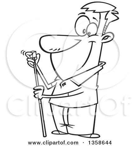 Lineart Clipart of a Cartoon Black and White Happy Man Chalking up His Billiards Cue Stick - Royalty Free Outline Vector Illustration by toonaday