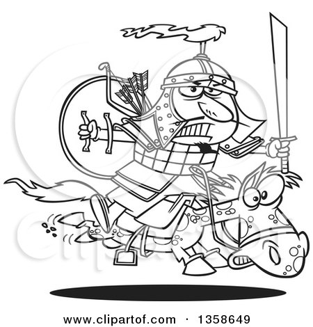 Lineart Clipart of a Cartoon Black and White Man, Genghis Khan, Riding into Battle on Horseback - Royalty Free Outline Vector Illustration by toonaday