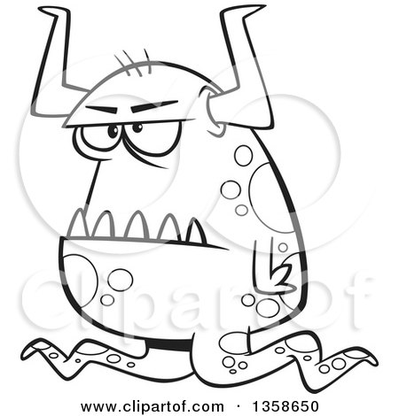 Lineart Clipart of a Cartoon Black and White Grumpy Horned Monster - Royalty Free Outline Vector Illustration by toonaday