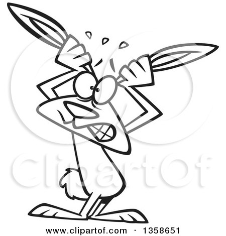 Lineart Clipart of a Cartoon Black and White Stressed out Bunny Rabbit Grabbing His Ears - Royalty Free Outline Vector Illustration by toonaday