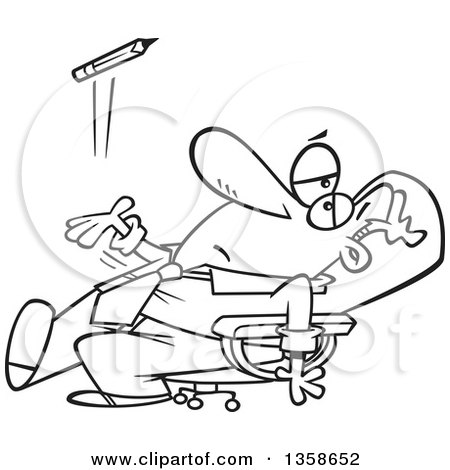 Lineart Clipart of a Cartoon Black and White Bored Executive Businessman Leaning Back in His Chair and Tossing a Pencil - Royalty Free Outline Vector Illustration by toonaday