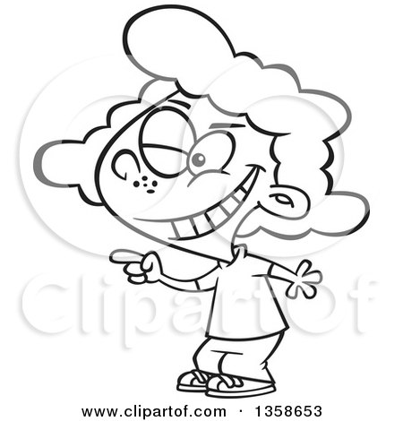 Lineart Clipart of a Cartoon Black and White Girl Winking and Pointing to Beware - Royalty Free Outline Vector Illustration by toonaday