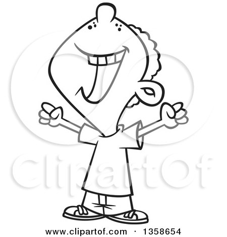 Lineart Clipart of a Cartoon Black and White Boy Celebrating a Win - Royalty Free Outline Vector Illustration by toonaday