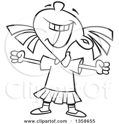 Lineart Clipart of a Cartoon Black and White Happy Girl Celebrating a Win - Royalty Free Outline Vector Illustration by toonaday