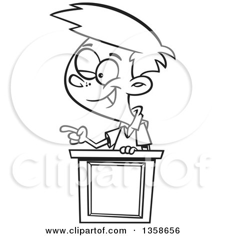 Lineart Clipart of a Cartoon Black and White School Boy Winking and Giving a Lecture at a Podium - Royalty Free Outline Vector Illustration by toonaday