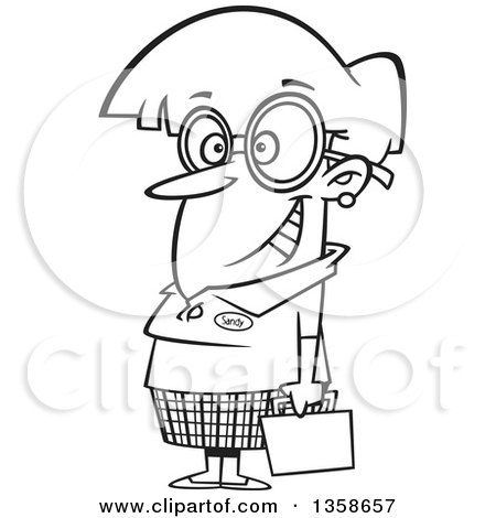 Lineart Clipart of a Cartoon Black and White Nerdy Woman with Big Glasses, Holding a Briefcase - Royalty Free Outline Vector Illustration by toonaday
