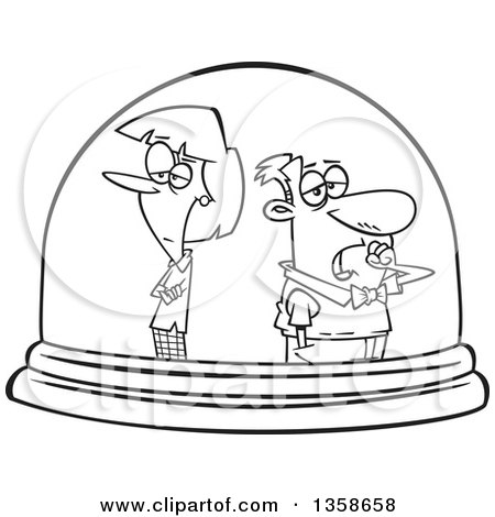 Lineart Clipart of a Cartoon Black and White Unhappy Couple Isolated in a Snow Globe - Royalty Free Outline Vector Illustration by toonaday