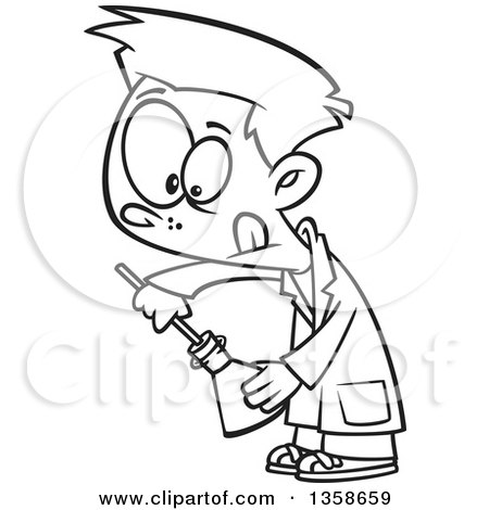 Lineart Clipart of a Cartoon Black and White School Boy Inserting Something into a Science Laboratory Flask - Royalty Free Outline Vector Illustration by toonaday