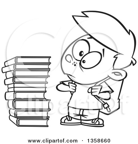 Lineart Clipart of a Cartoon Black and White School Boy Glaring at a Stack of Books - Royalty Free Outline Vector Illustration by toonaday