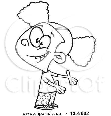 Lineart Clipart of a Cartoon Black and White Friendly Black Girl Presenting or Expressing Someone Elses Turn - Royalty Free Outline Vector Illustration by toonaday