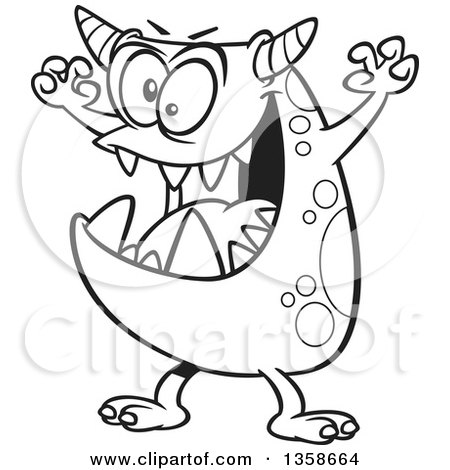 Lineart Clipart of a Cartoon Black and White Scary Spotted Monster - Royalty Free Outline Vector Illustration by toonaday