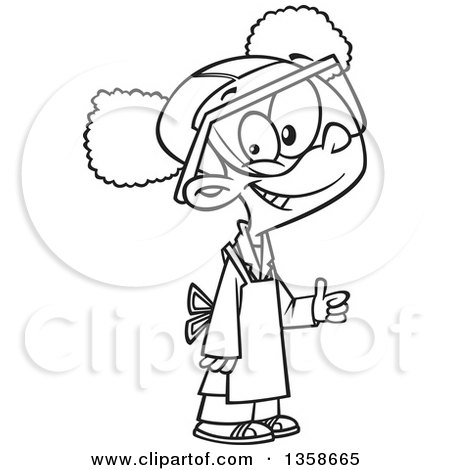 Lineart Clipart of a Cartoon Black and White Happy Black School Girl Wearing a Science Lab Coat, Apron and Goggles and Giving a Thumb up - Royalty Free Outline Vector Illustration by toonaday