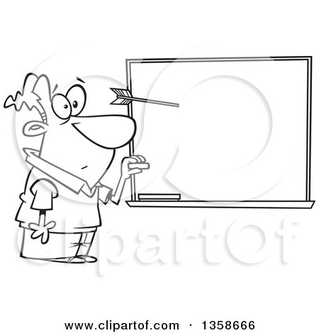 Lineart Clipart of a Cartoon Black and White Surprised Male Teacher Paused in Mid Motion of Writing on a Chalkboard As a Protesting Student Throws a Dart at His Head - Royalty Free Outline Vector Illustration by toonaday