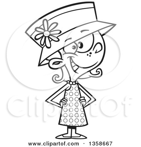 Lineart Clipart of a Cartoon Black and White Happy Girl Wearing a Polka Dot Dress and a Hat - Royalty Free Outline Vector Illustration by toonaday