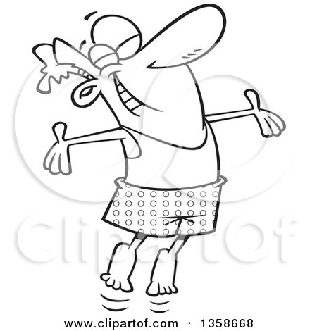 Lineart Clipart of a Cartoon Black and White Happy Man Jumping Gleefully in the Morning - Royalty Free Outline Vector Illustration by toonaday