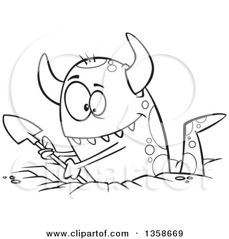 Lineart Clipart of a Cartoon Black and White Horned Monster Digging a Hole - Royalty Free Outline Vector Illustration by toonaday
