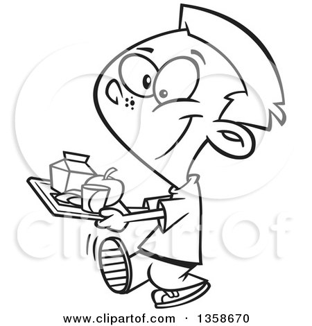 Lineart Clipart of a Cartoon Black and White Happy School Boy Carrying a Cafeteria Lunch Tray - Royalty Free Outline Vector Illustration by toonaday
