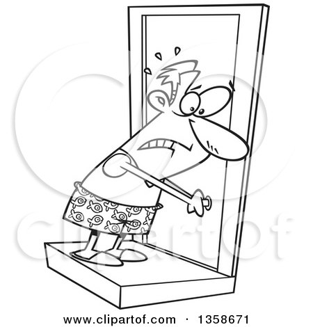 Lineart Clipart of a Cartoon Black and White Man in His Underware, Locked  out of His House - Royalty Free Outline Vector Illustration by toonaday  #1358671
